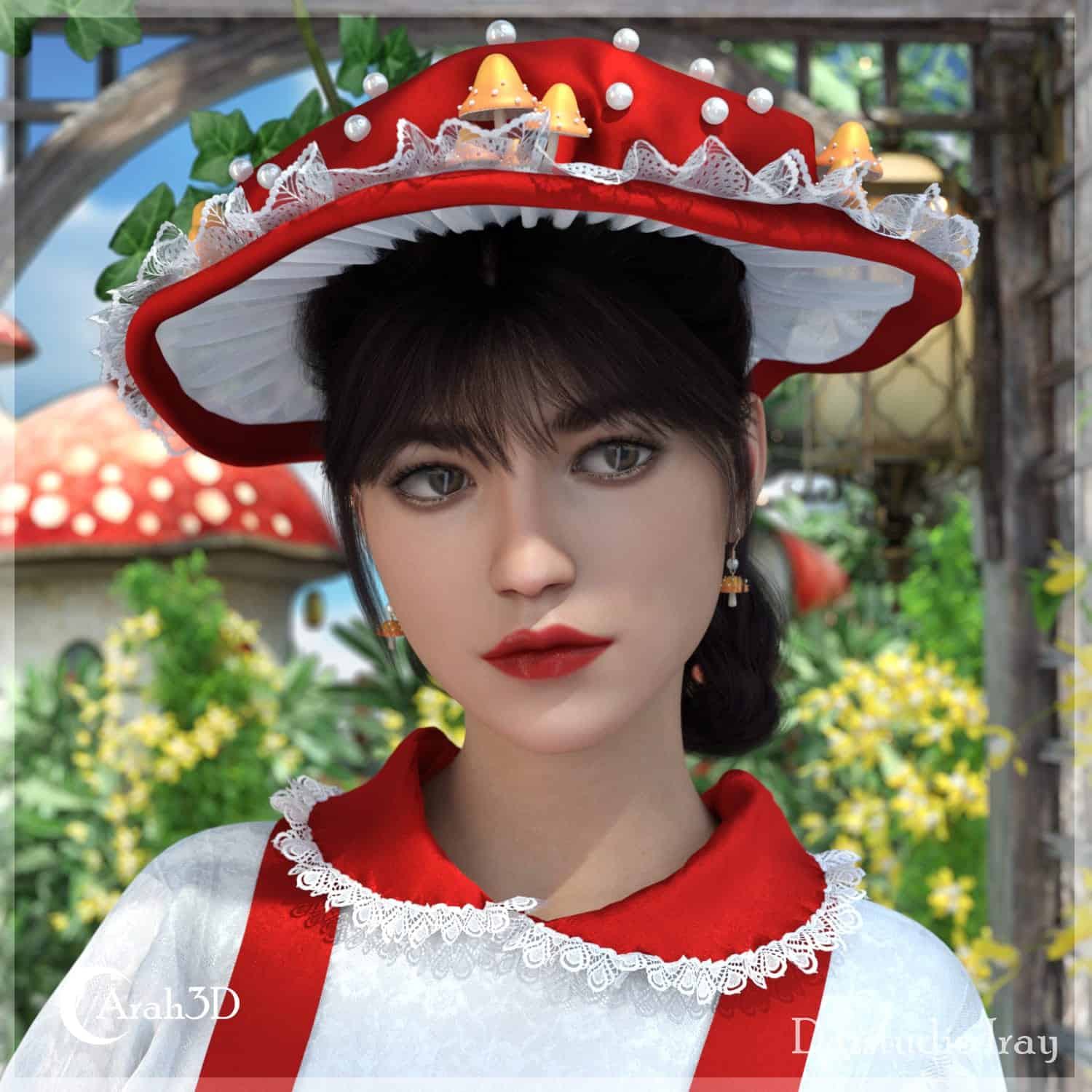 Fairy-tale girl with mushroom hat in enchanted garden with lush mushrooms and vibrant flowers.