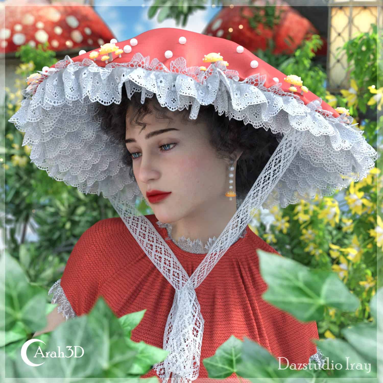 Elegant 3D fairy-tale portrait of a dreamy woman in a whimsical garden scene.