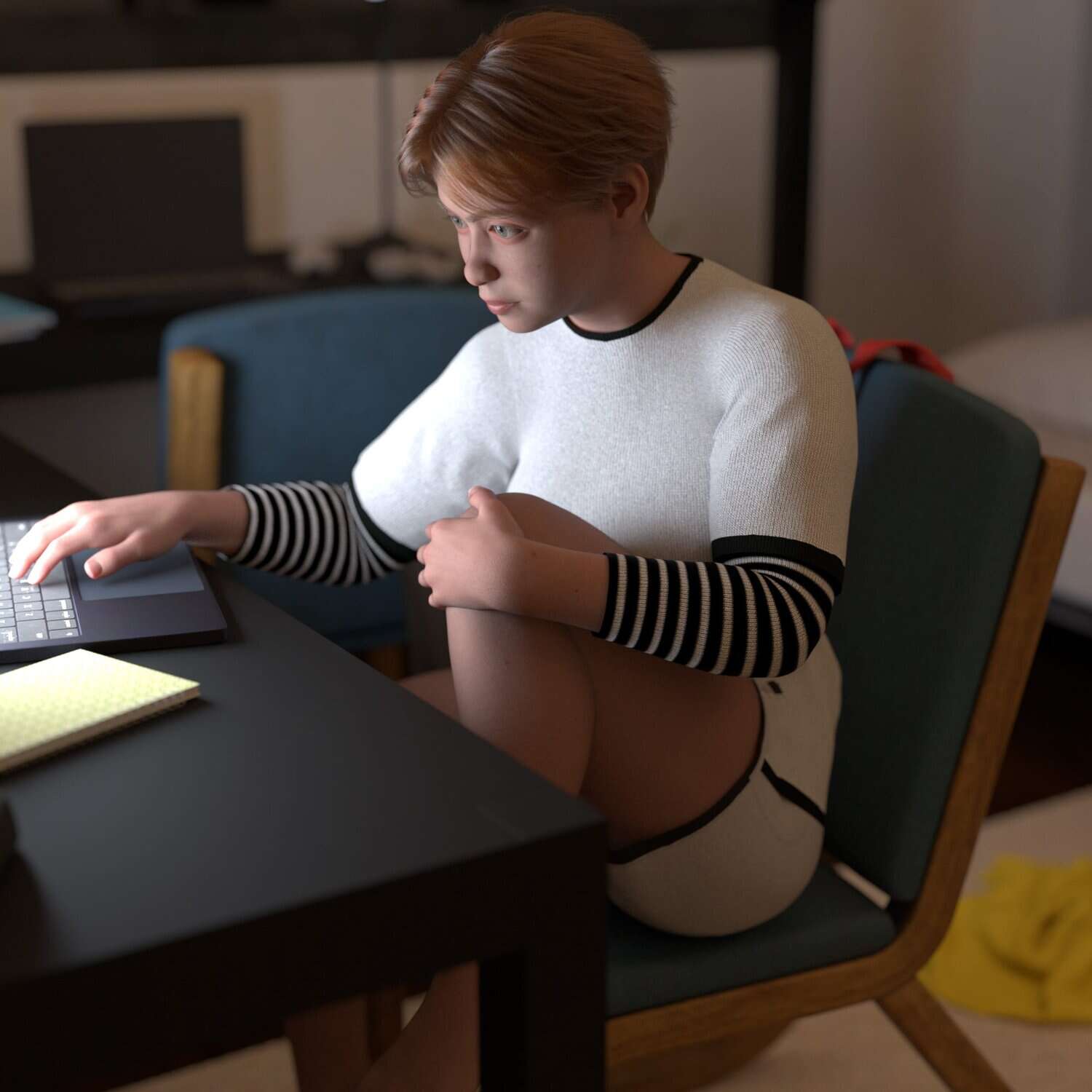 Young person deeply focused on laptop in cozy, dimly lit bedroom during late-night study session.