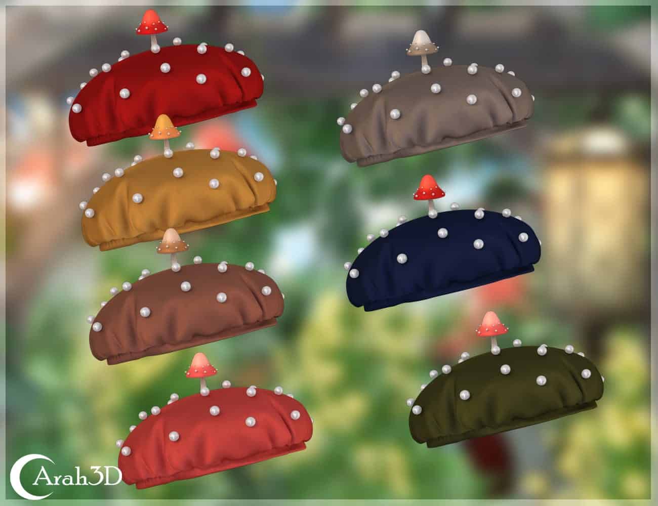 Colorful whimsical beret hats with mushroom embellishments and pearly bead decorations.