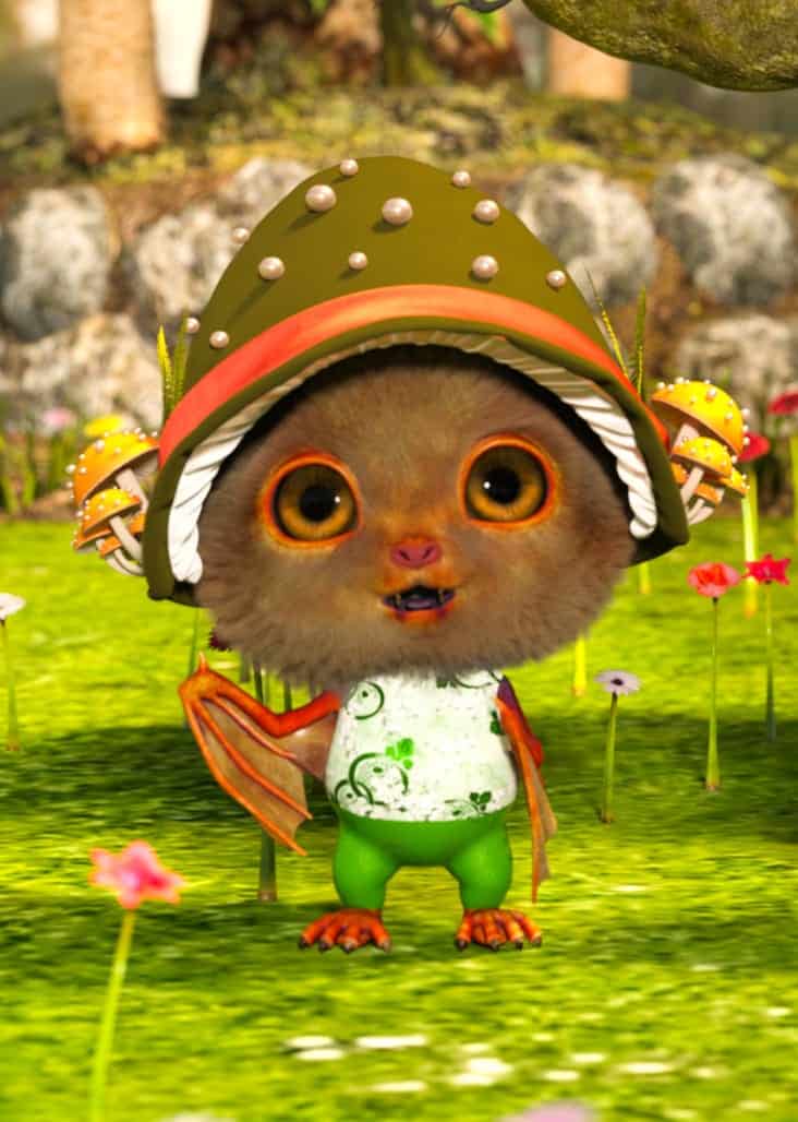 Cute fantasy creature with mushroom hat in a vibrant garden scene.