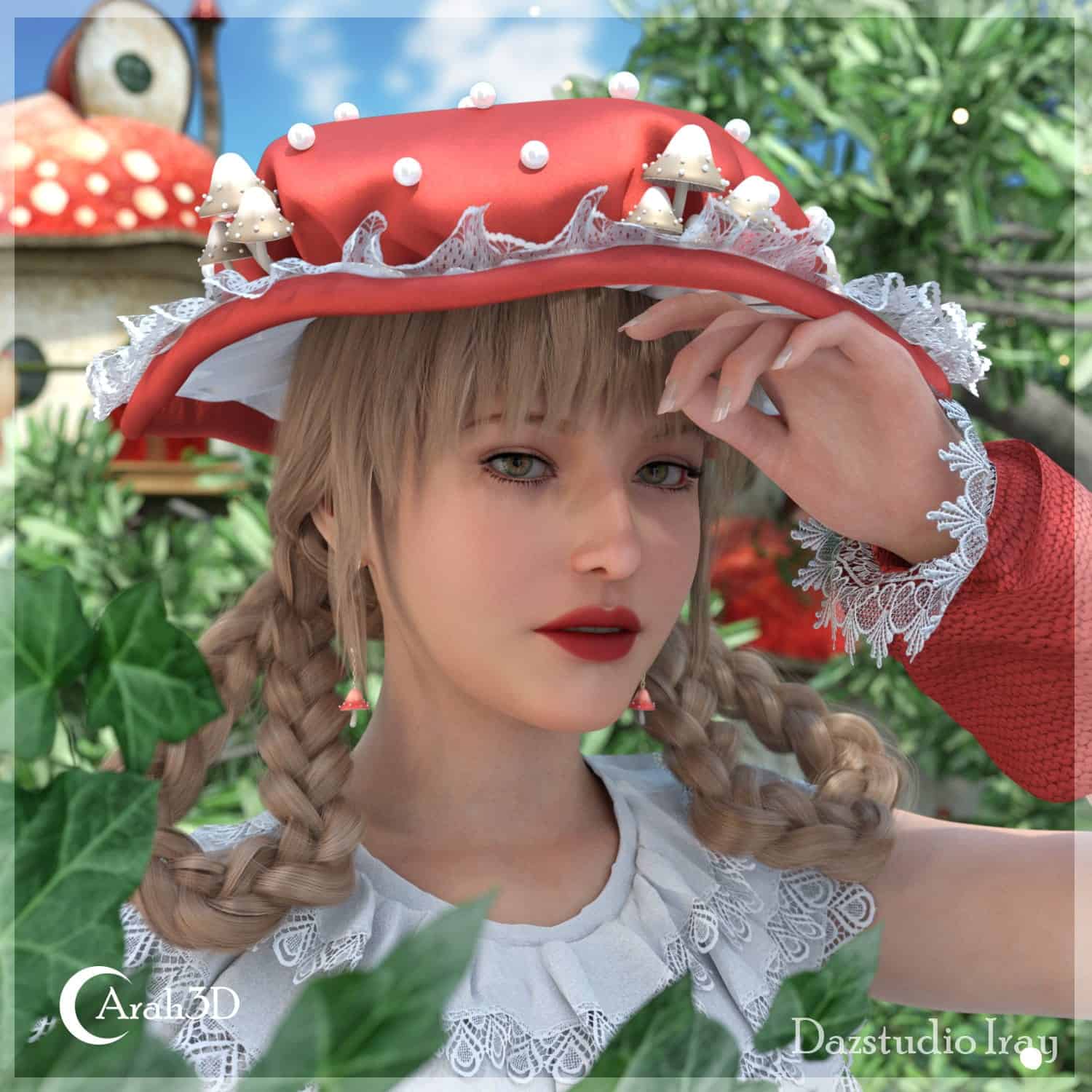 3D woodland fairy with mushroom hat in lush, enchanted forest scene.