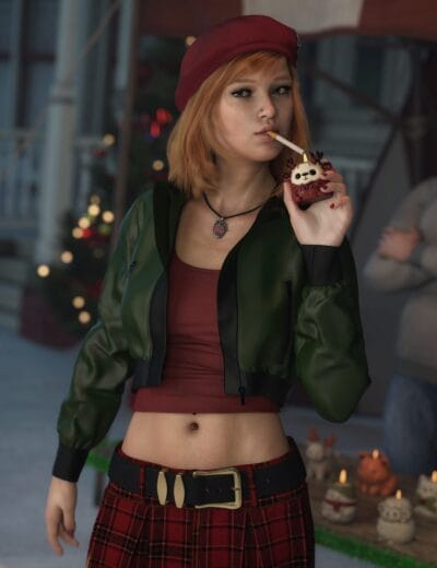 Stylish young woman enjoying holiday market with cupcake, festive lights, and winter street style.