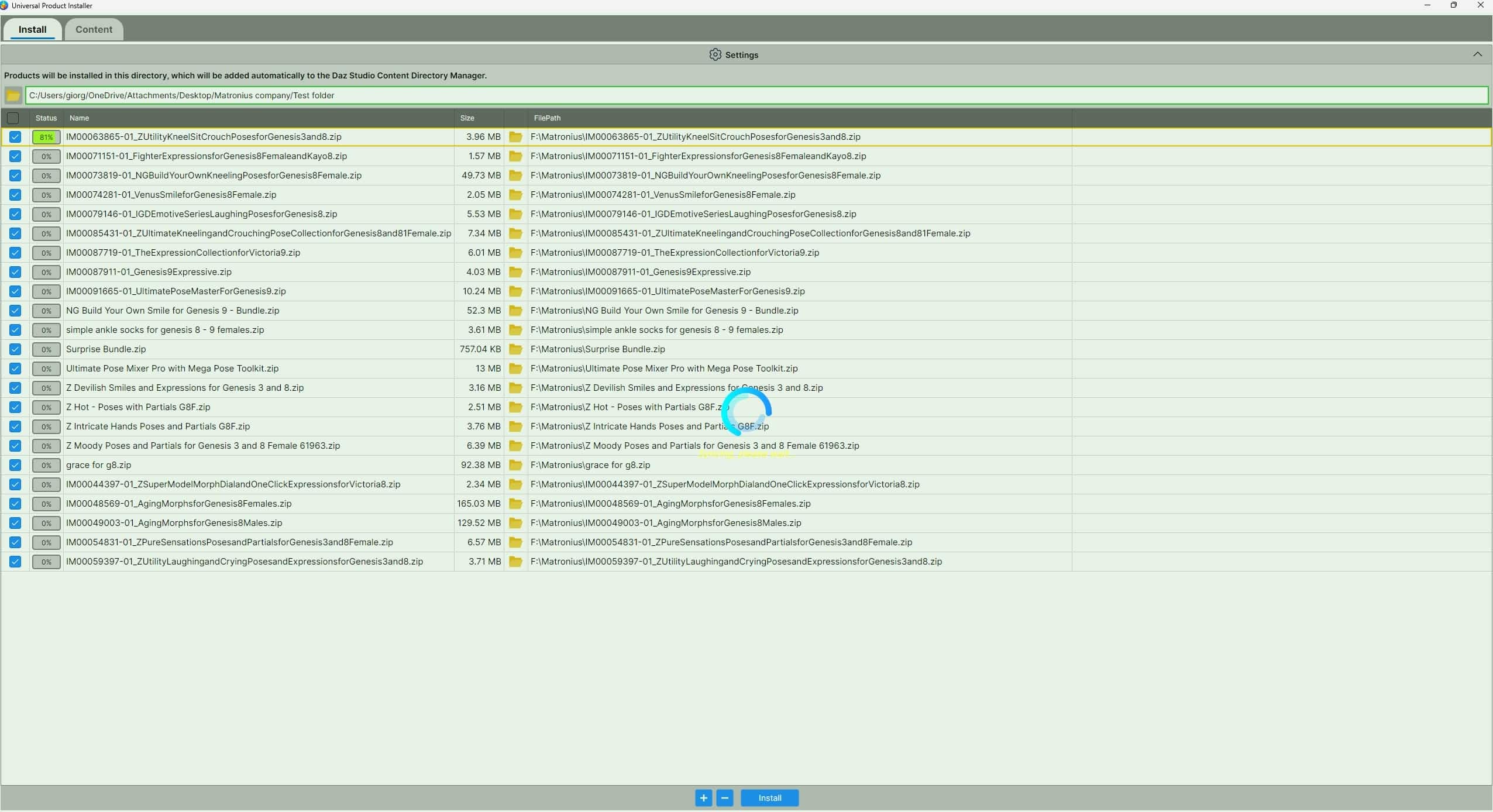 File management software displaying progress of 3D asset installation and file scanning.