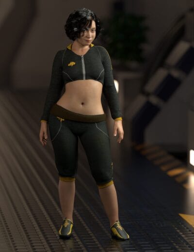 Confident woman in sporty black and yellow outfit in futuristic high-tech environment.