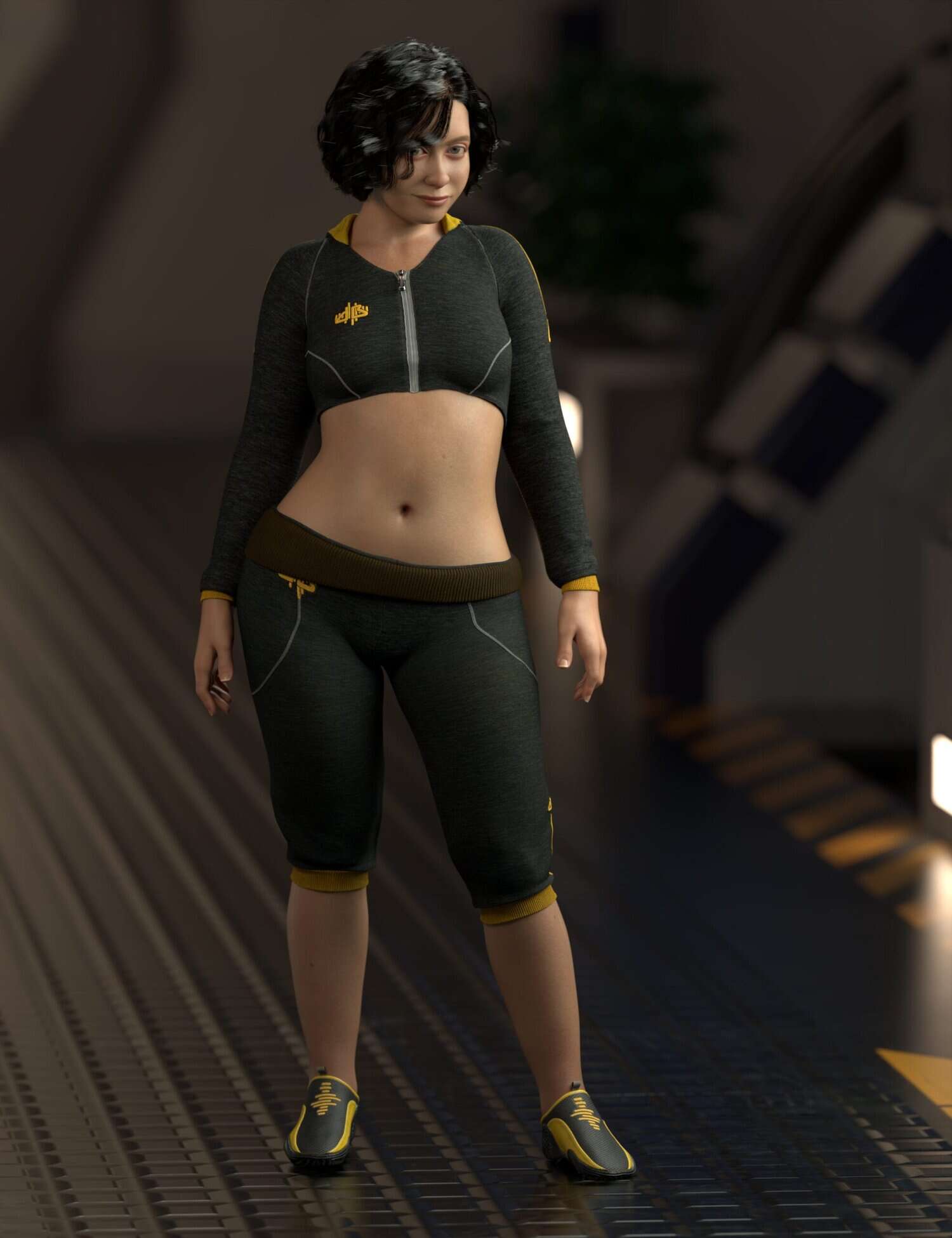 Confident woman in sporty black and yellow outfit in futuristic high-tech environment.