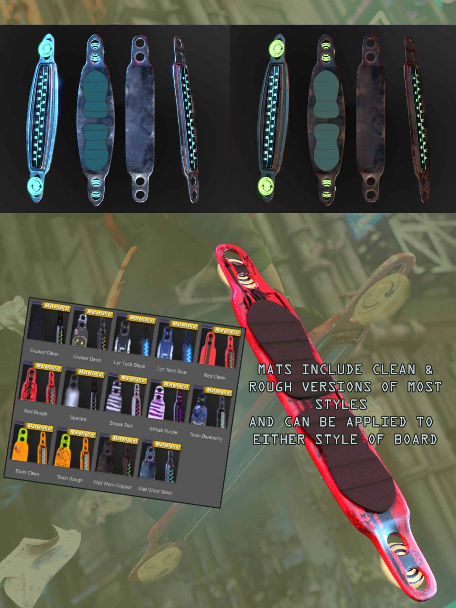 Futuristic hoverboards with customizable skins, metallic finishes, and clean or rough textures.