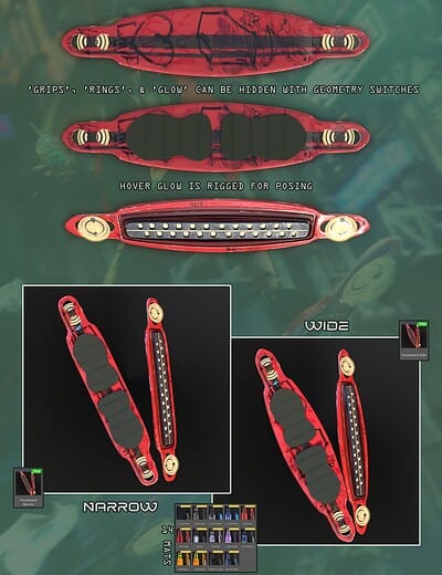 Futuristic hoverboard model with customizable glow, grips, rings, and material options for 3D design.