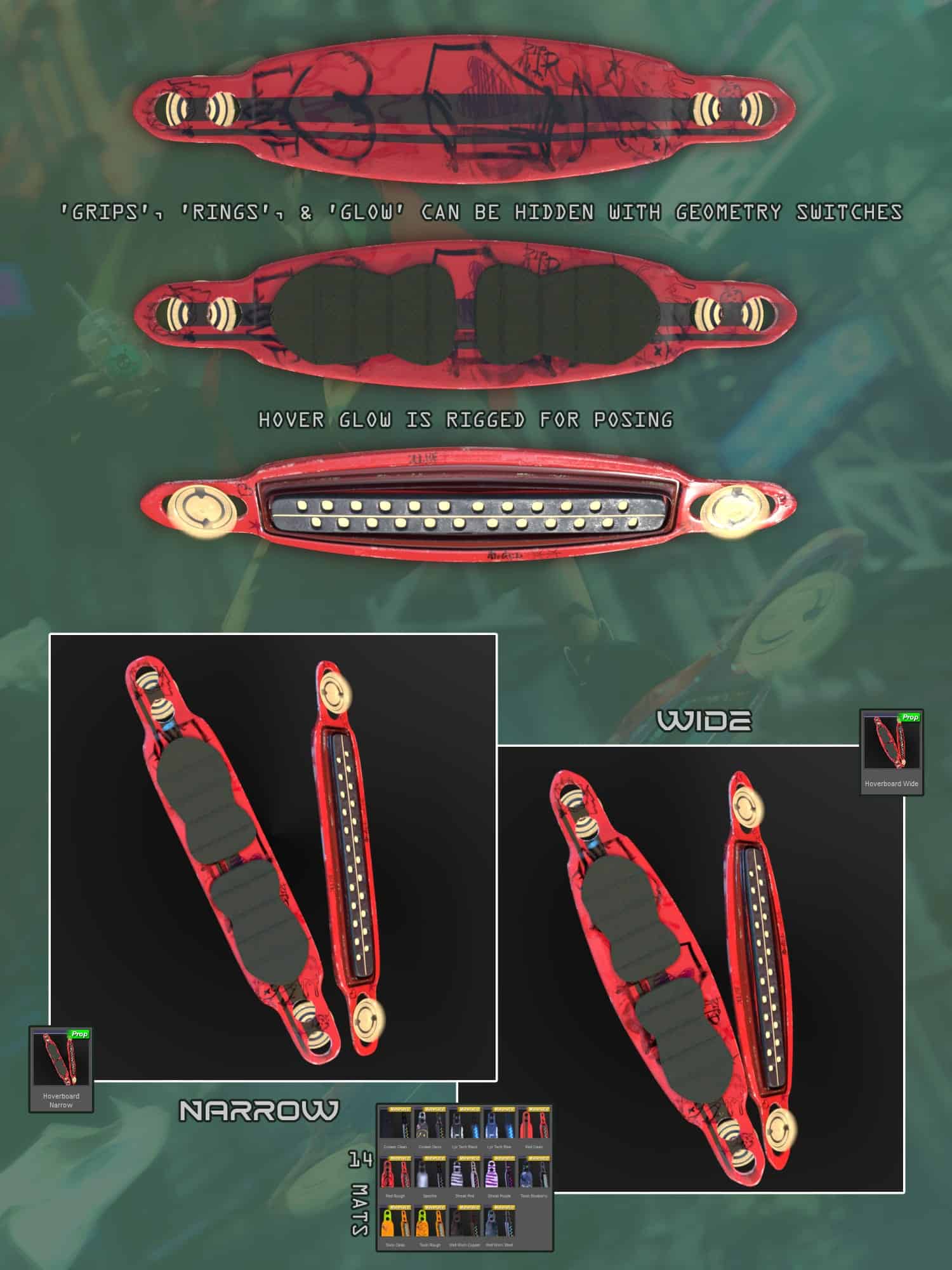 Futuristic hoverboard model with customizable glow, grips, rings, and material options for 3D design.