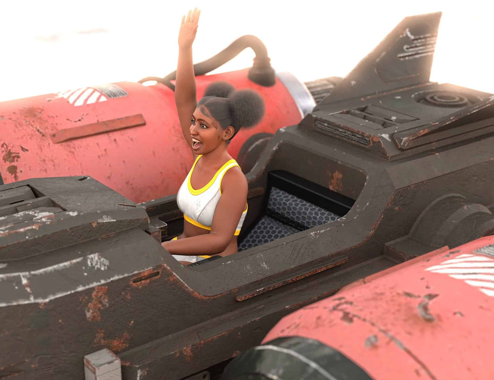 Joyful young woman celebrating victory inside a rugged sci-fi racing vehicle with engines.