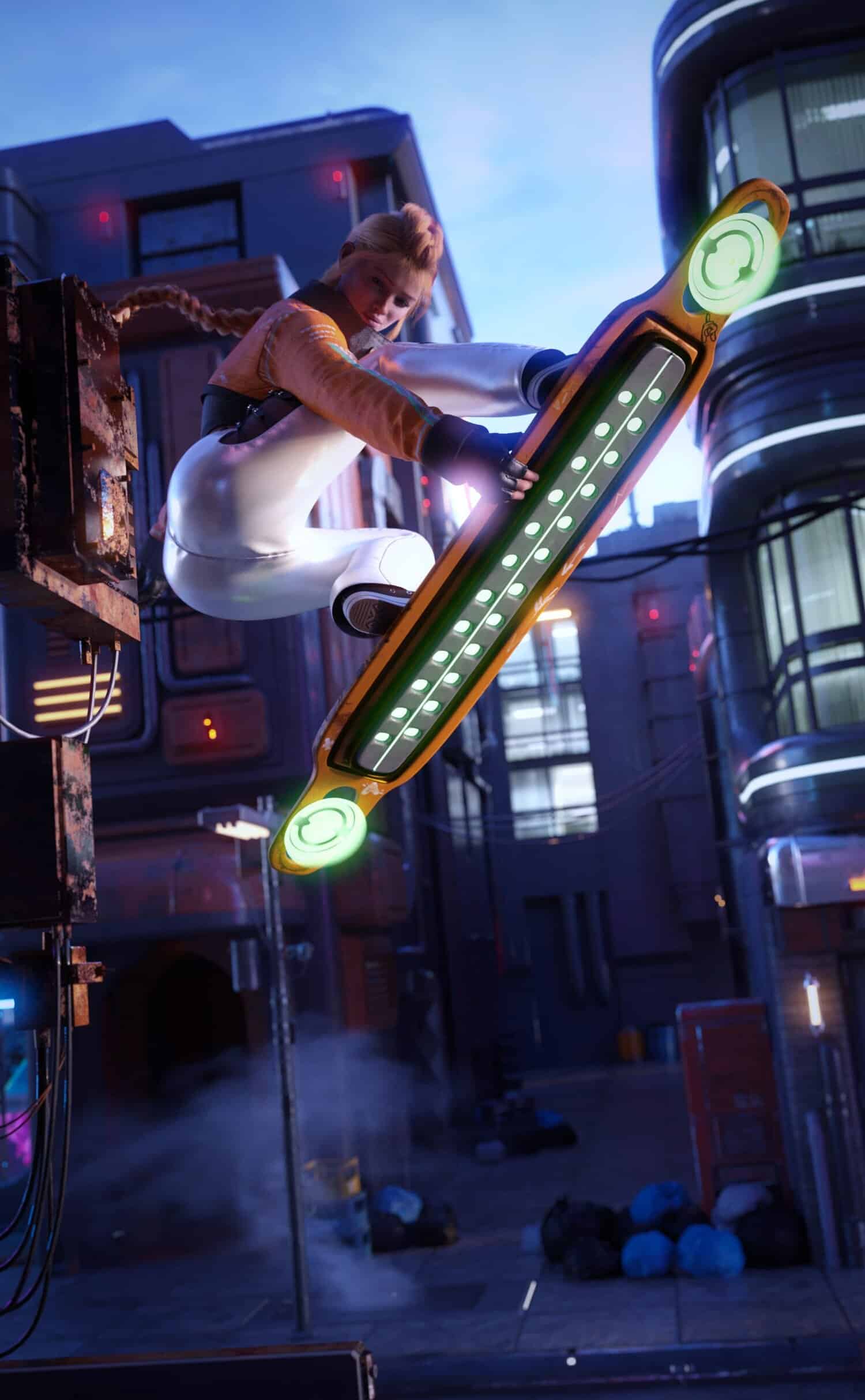 Young woman performing aerial hoverboard stunt in a neon-lit cyberpunk city street.