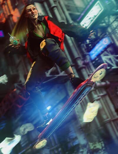 Futuristic cyberpunk skater riding hoverboard through neon-lit urban cityscape at high speed.