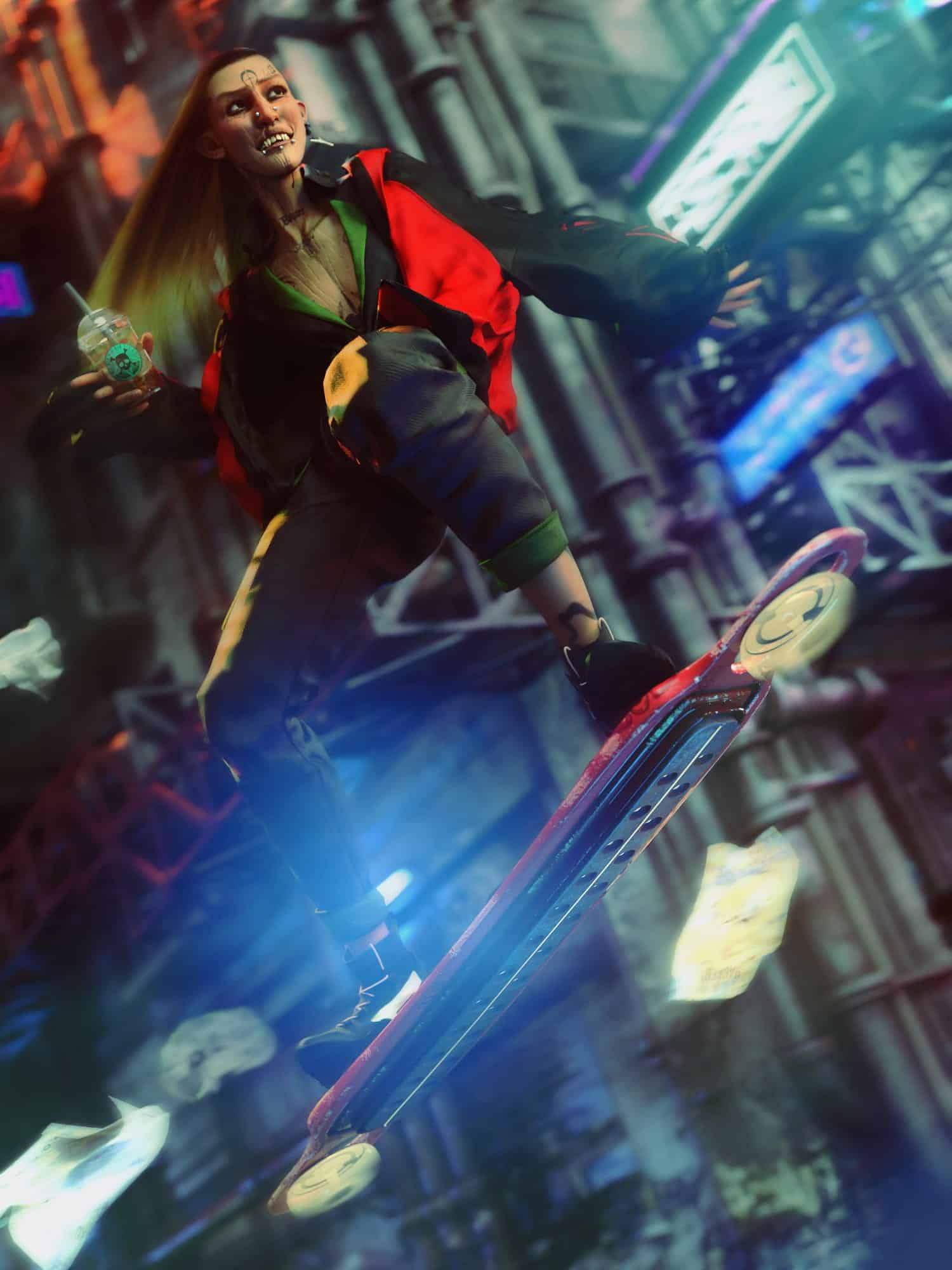Futuristic cyberpunk skater riding hoverboard through neon-lit urban cityscape at high speed.