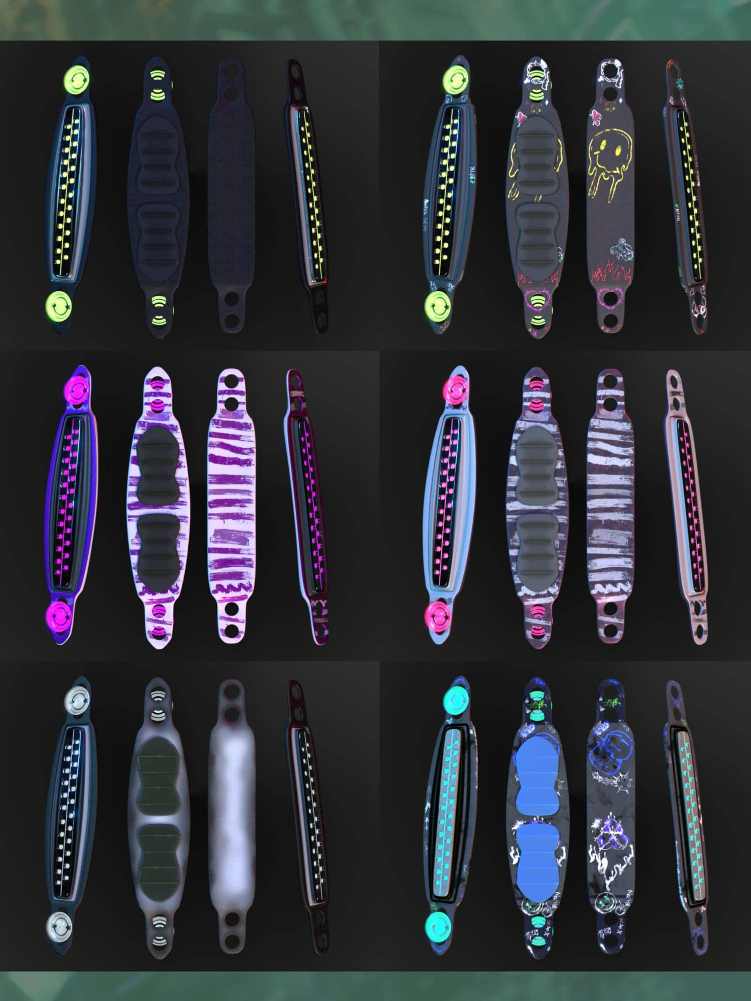 Futuristic colorful wearable wristbands with glowing accents and unique designs on a dark background.