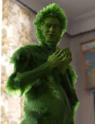 Bright green furry humanoid with mischievous smile and playful expression indoors.