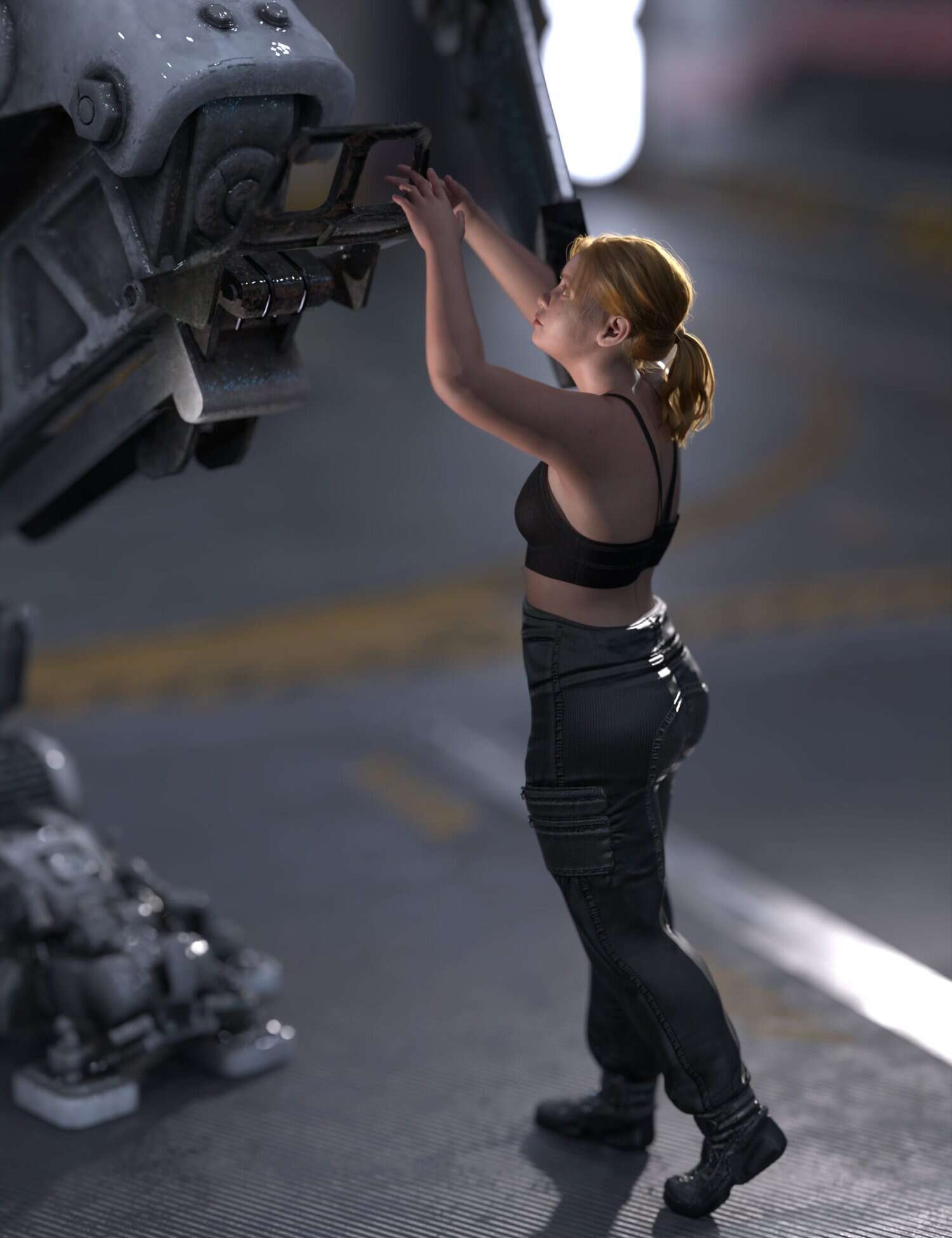 Female engineer repairing massive futuristic humanoid robot in industrial hangar.