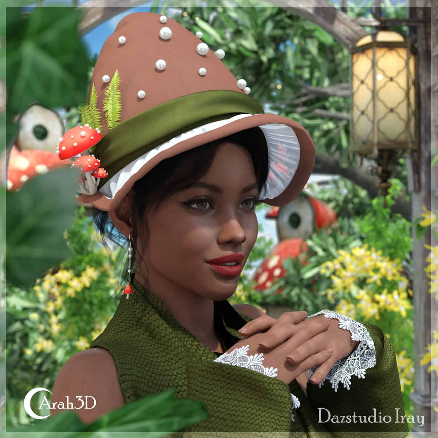 Elegant woman in whimsical mushroom hat amidst magical garden and fairy-tale mushroom houses.