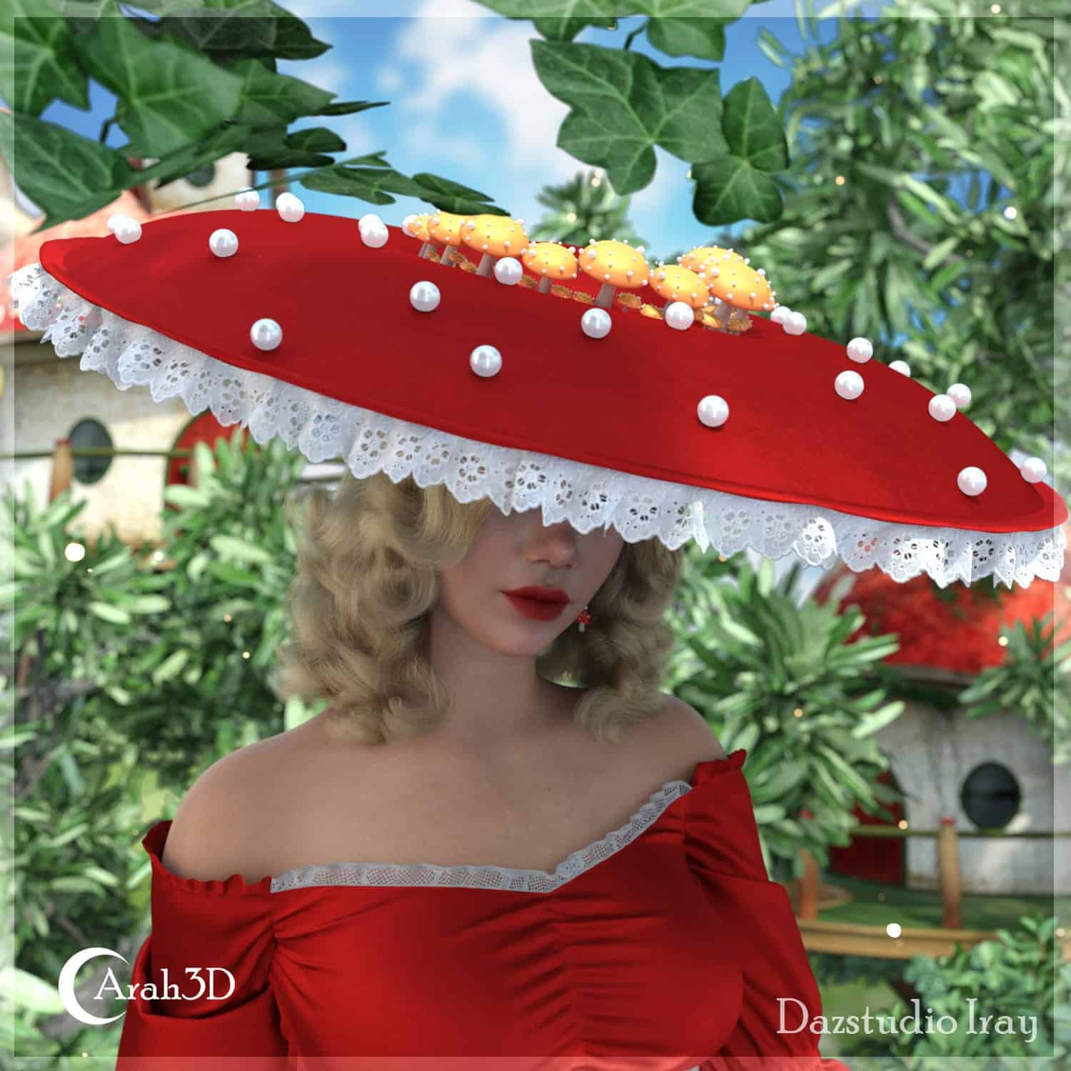 Elegant woman in red gown and whimsical mushroom hat standing in lush fantasy garden.