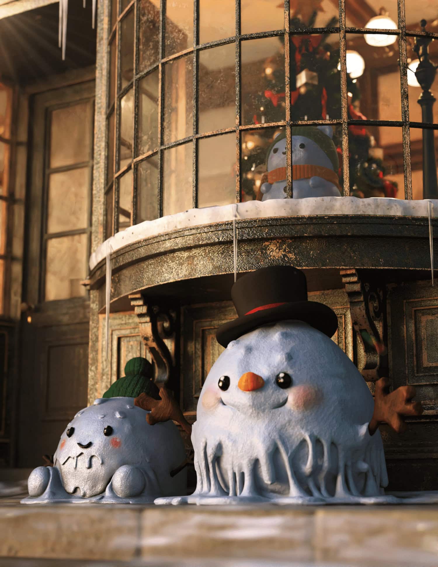 Melting snow characters outside festive window with cozy Christmas scene inside.