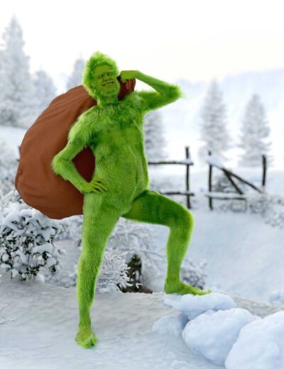 Green Grinch carrying stolen gifts in snowy winter wilderness with trees and distant mountains.