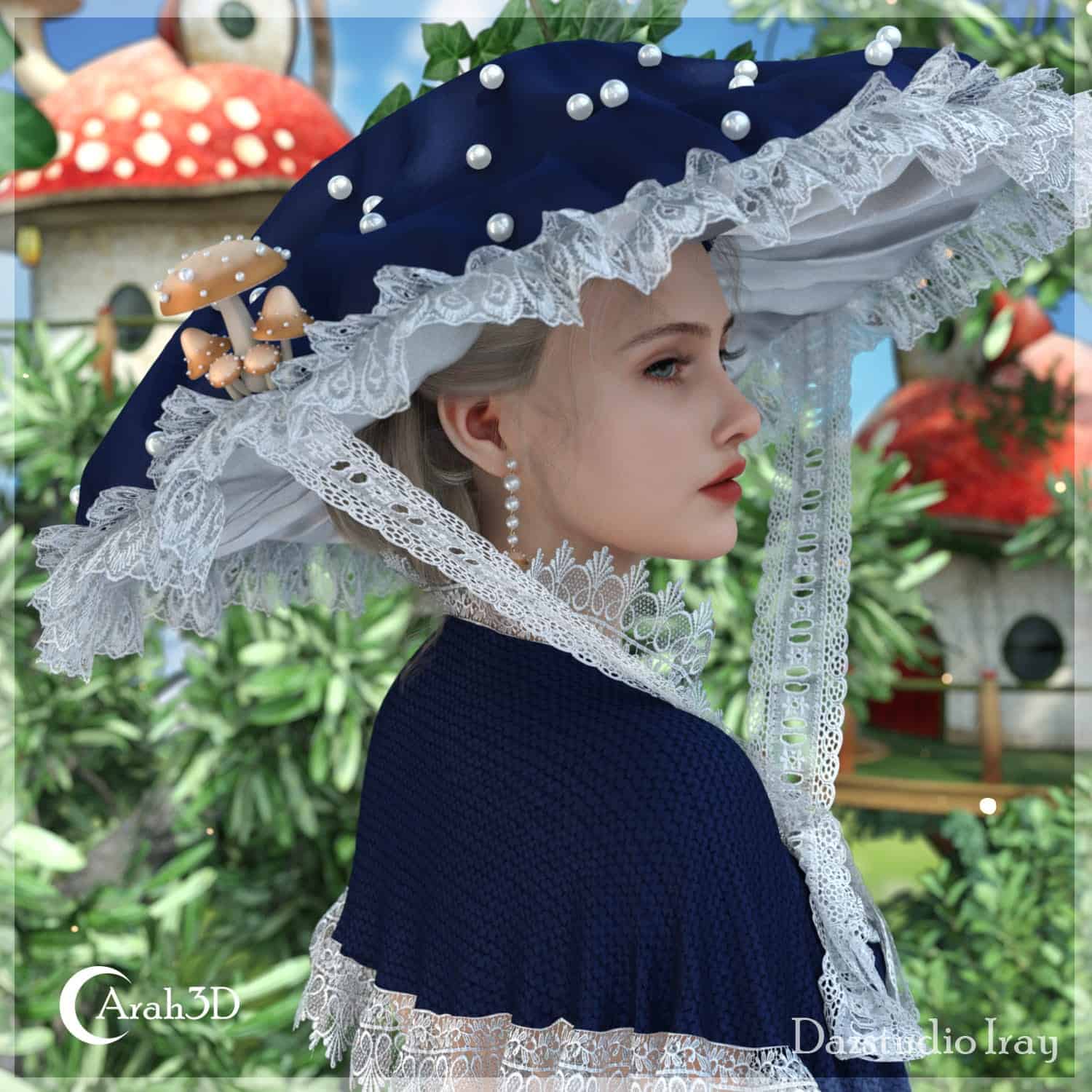 Elegant fantasy portrait of a woman with mushroom hat in whimsical fairy-tale forest.