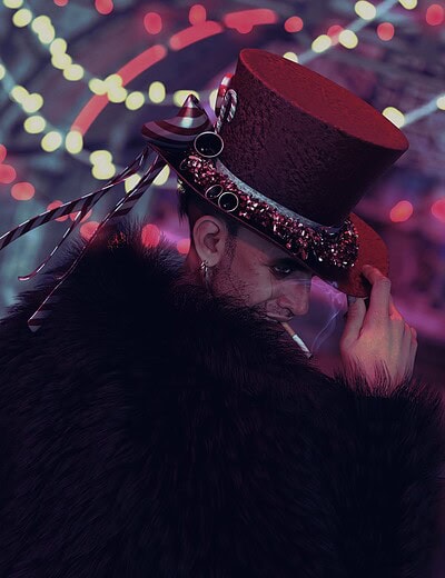 Mysterious performer in a red top hat and fur coat amidst colorful carnival lights.