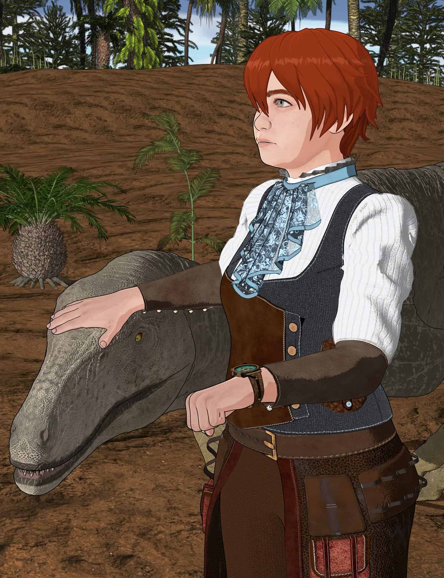 Steampunk explorer gently bonds with friendly dinosaur amid lush prehistoric landscape.