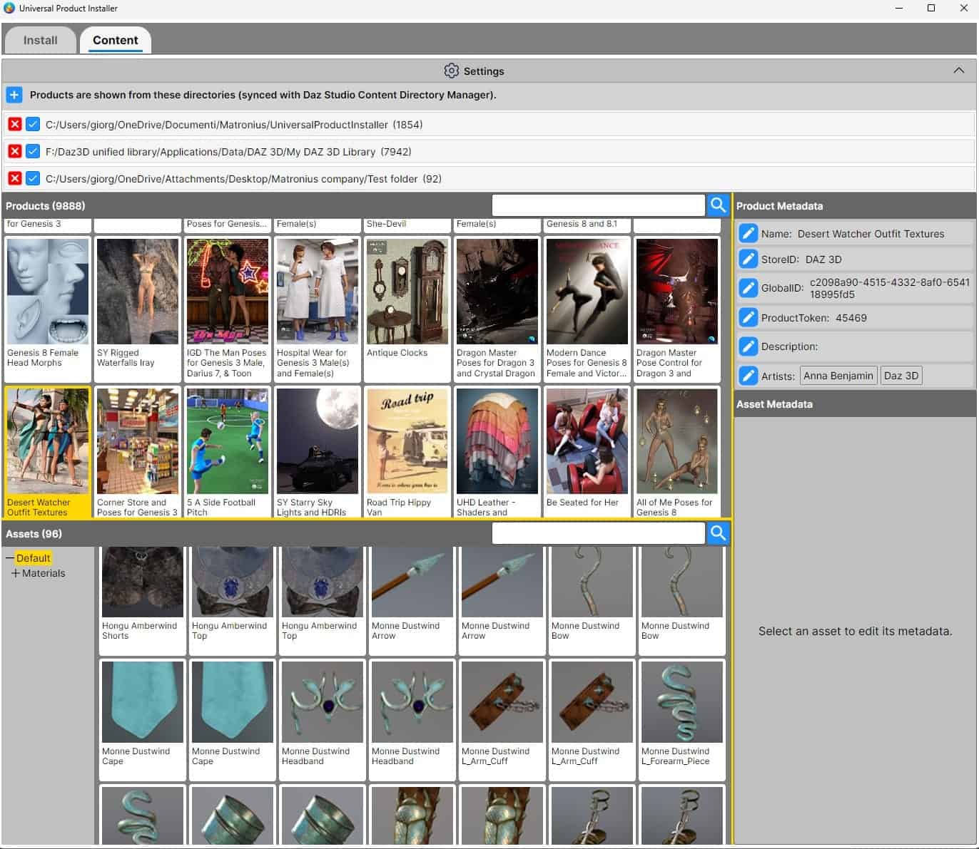 Interface of Daz Studios Universal Product Installer managing 3D assets and content directories.