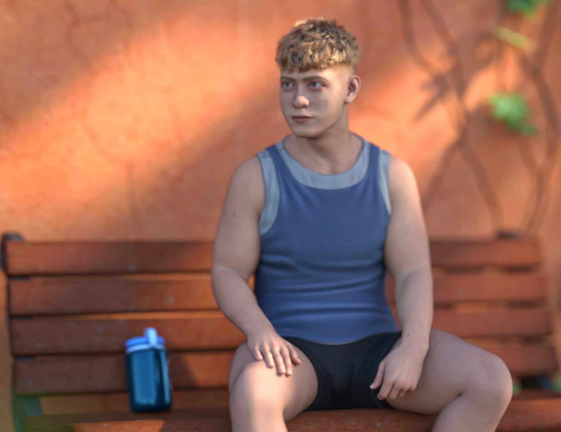 Young muscular man resting outdoors after workout in sunlit garden with water bottle nearby.