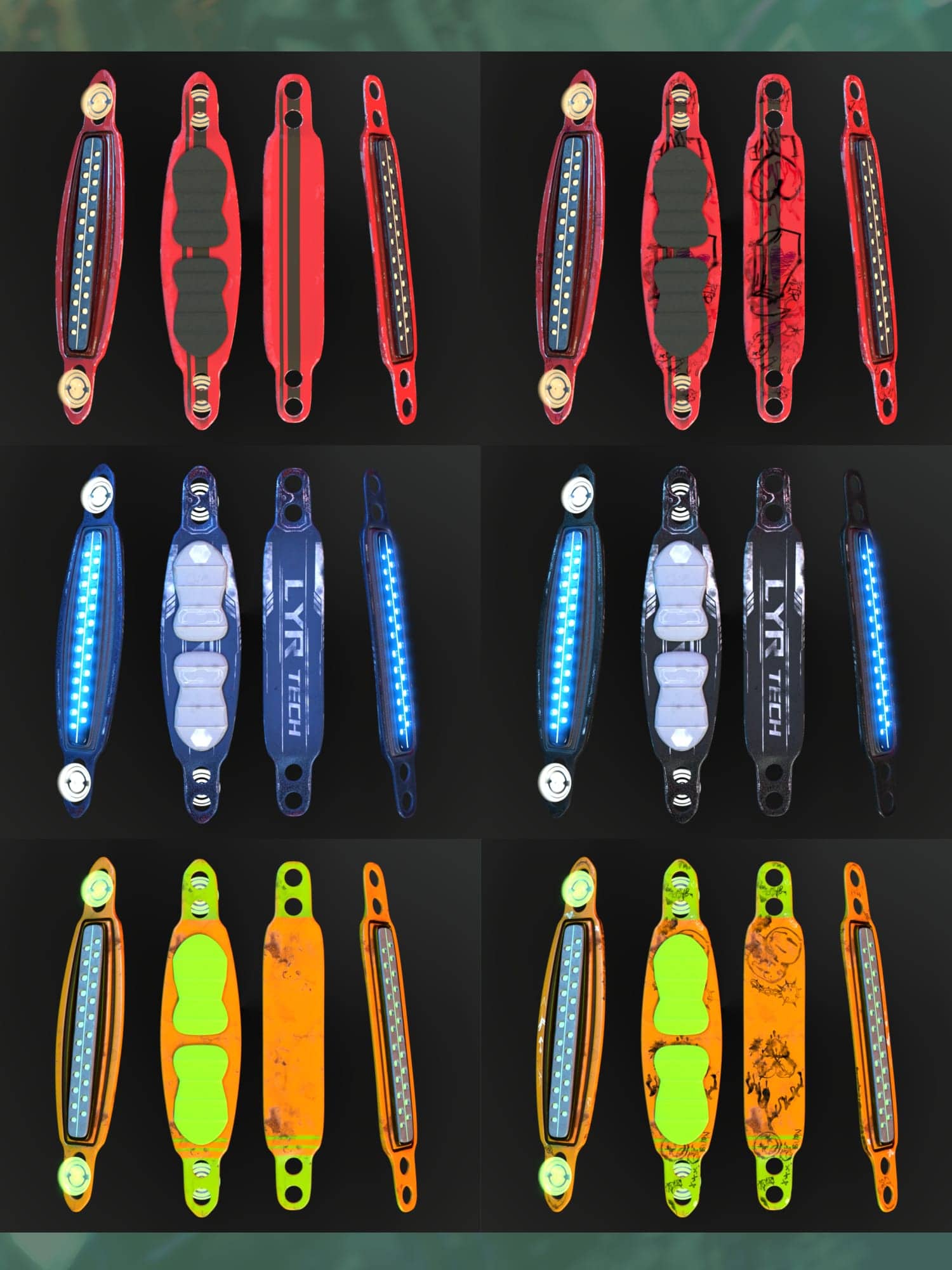 Set of 12 colorful LED safety lights for bicycles, runners, and outdoor visibility at night.