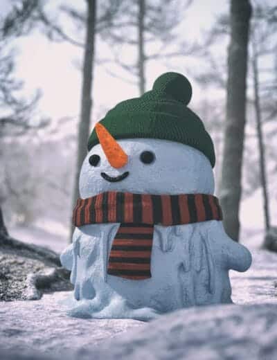Charming snowman with colorful accessories in a tranquil snowy winter forest scene.