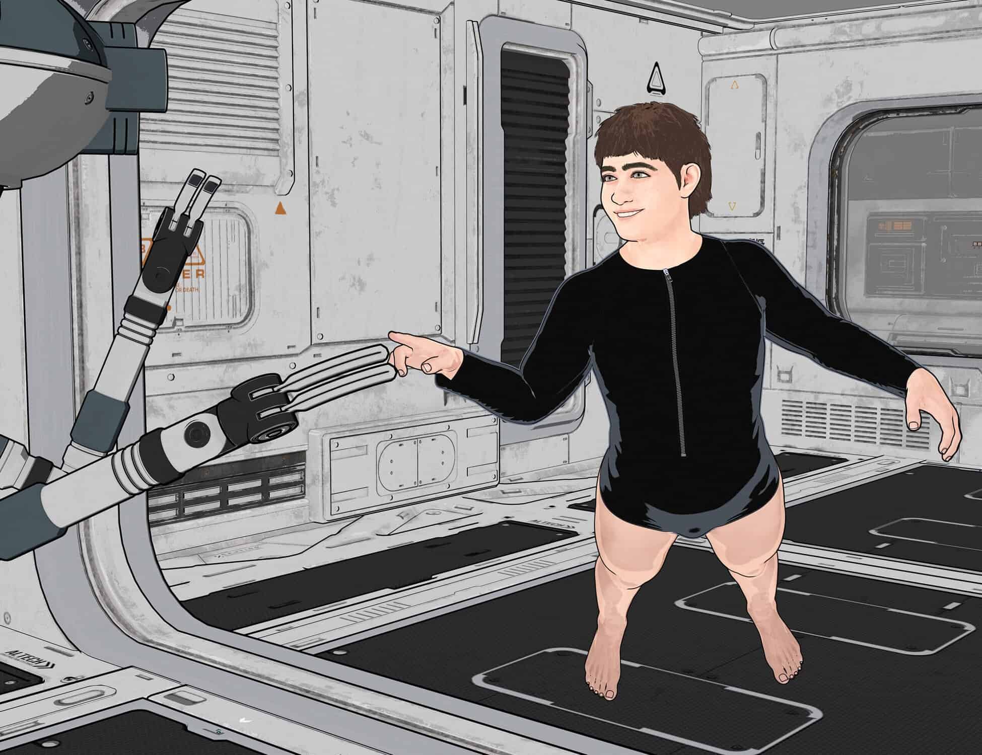 Futuristic space station with human and robot sharing a trusting, mutual connection in microgravity.