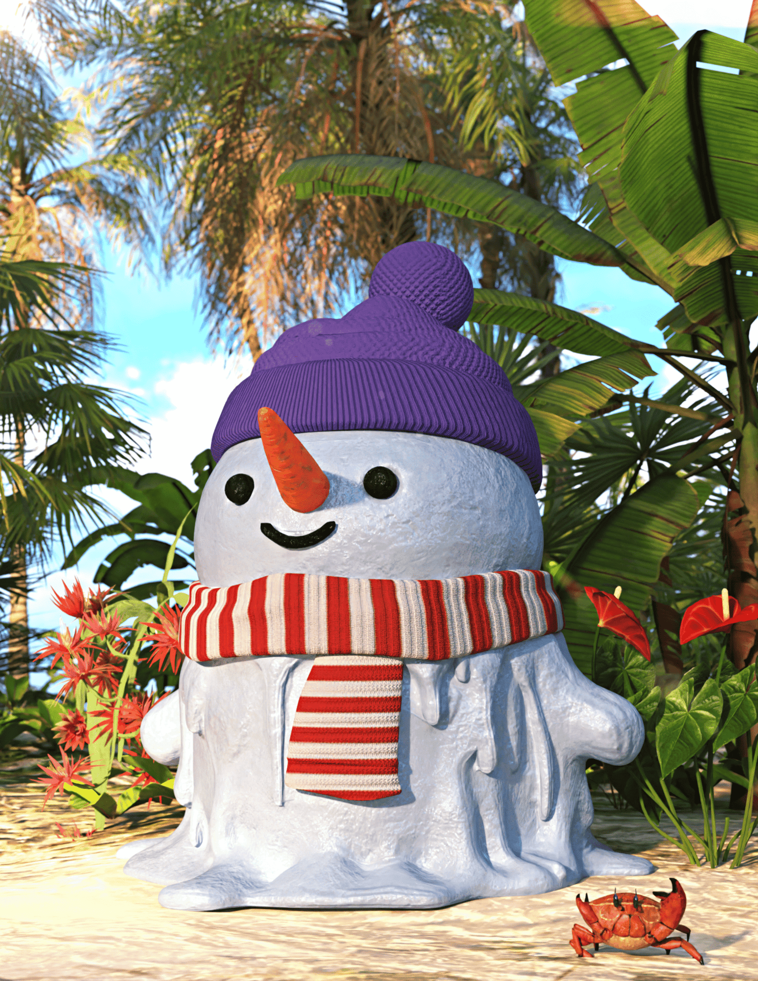 Cheerful melting snowman with tropical plants, crab, and vibrant coastal scenery.