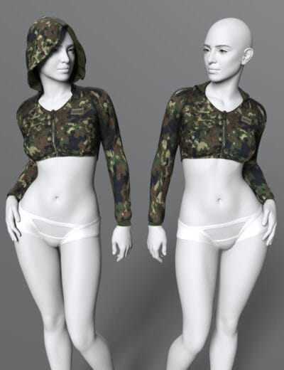 3D mannequins featuring cropped camouflage jackets with hoodie options and sheer underwear.