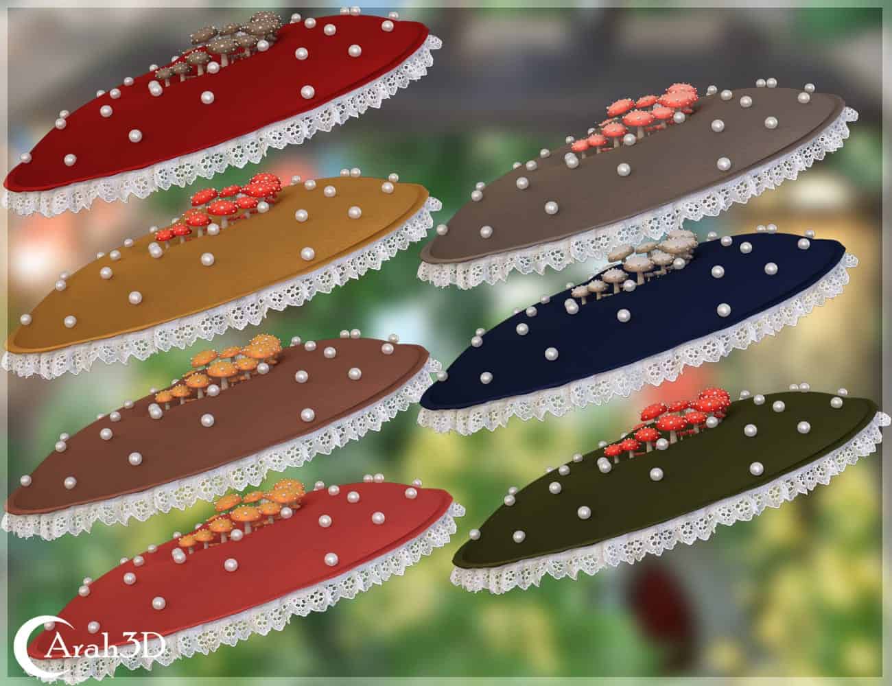 Seven vintage-inspired berets in vibrant colors with pearls, lace, and floral details.