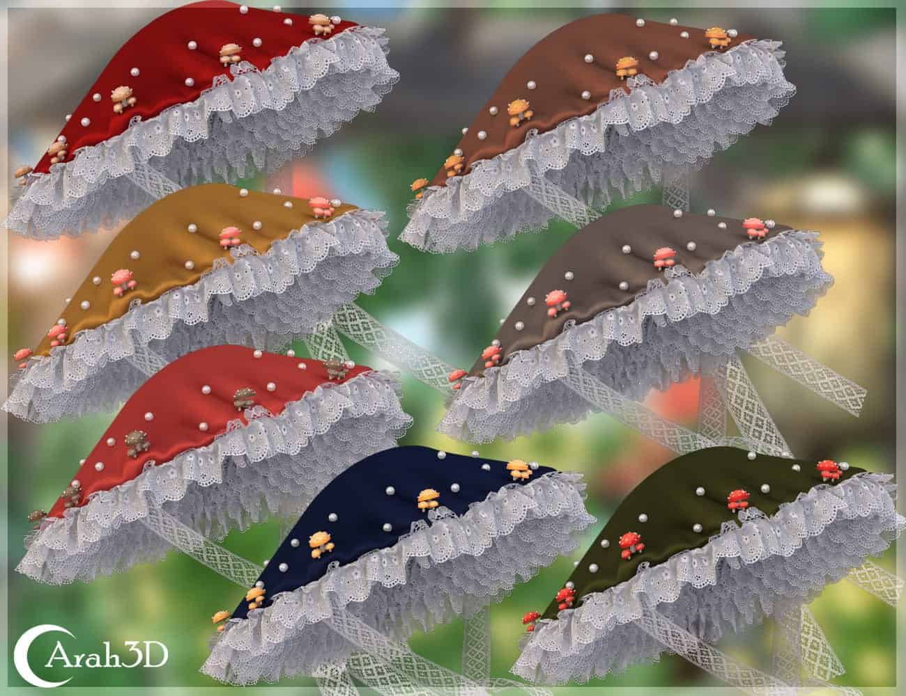 Vintage-style bonnets with lace, mushrooms, and pearls in earthy tones, perfect for fairytale fashion.