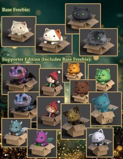 Cute 3D plush creatures, cats, dragons, elves in boxes on festive green and gold background.