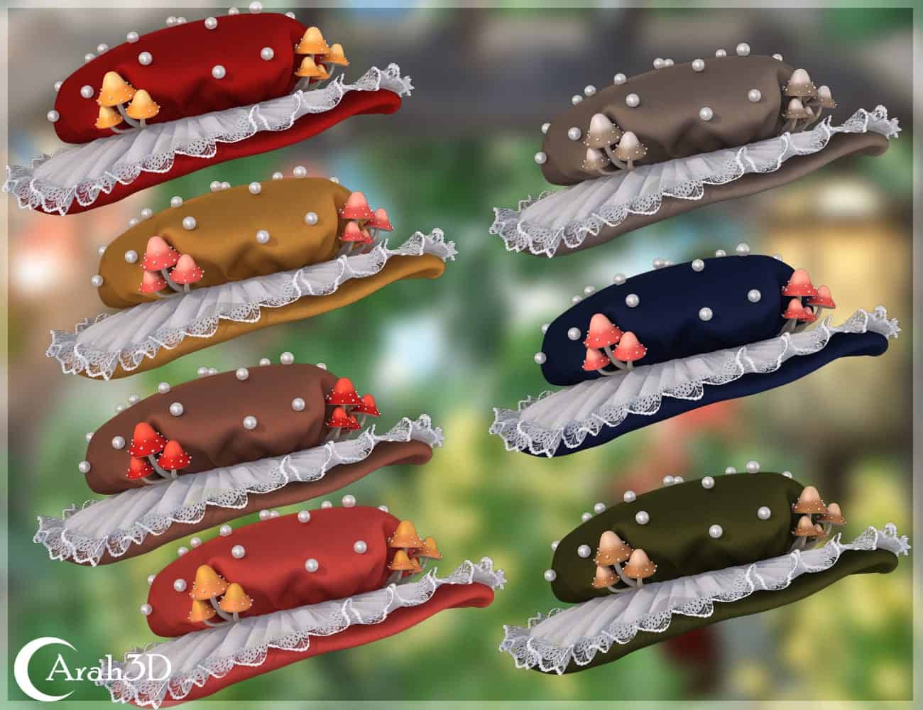 Colorful fairy-inspired beret hats with mushroom appliques, pearls, and lace accents against a nature background.