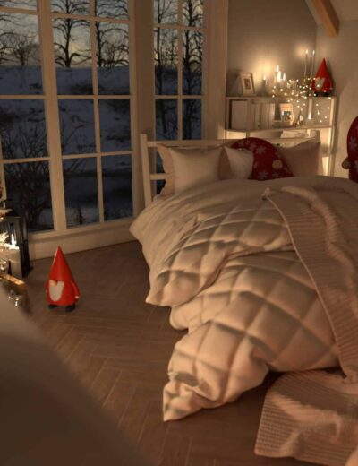 Warm Christmas bedroom with snow outside, festive decorations, cozy bedding, and candlelit holiday ambiance.