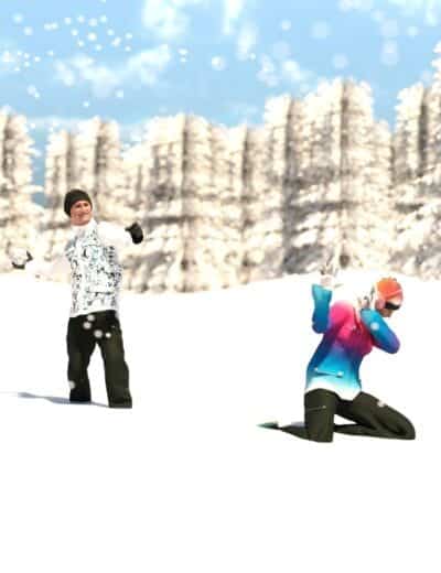 Two friends enjoying a playful snowball fight in a snowy forest on a bright winter day.