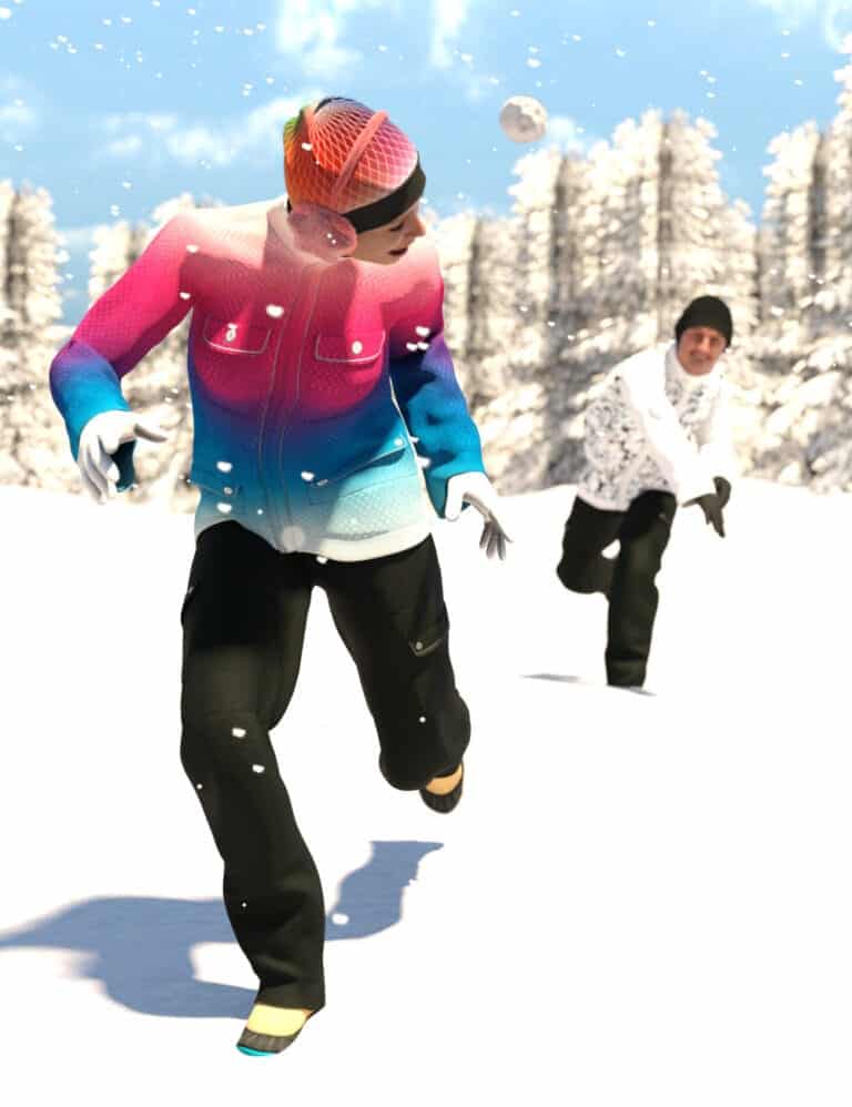Kids playing snowball fight outdoors in vibrant winter scene with snow-covered trees and bright sunlight.