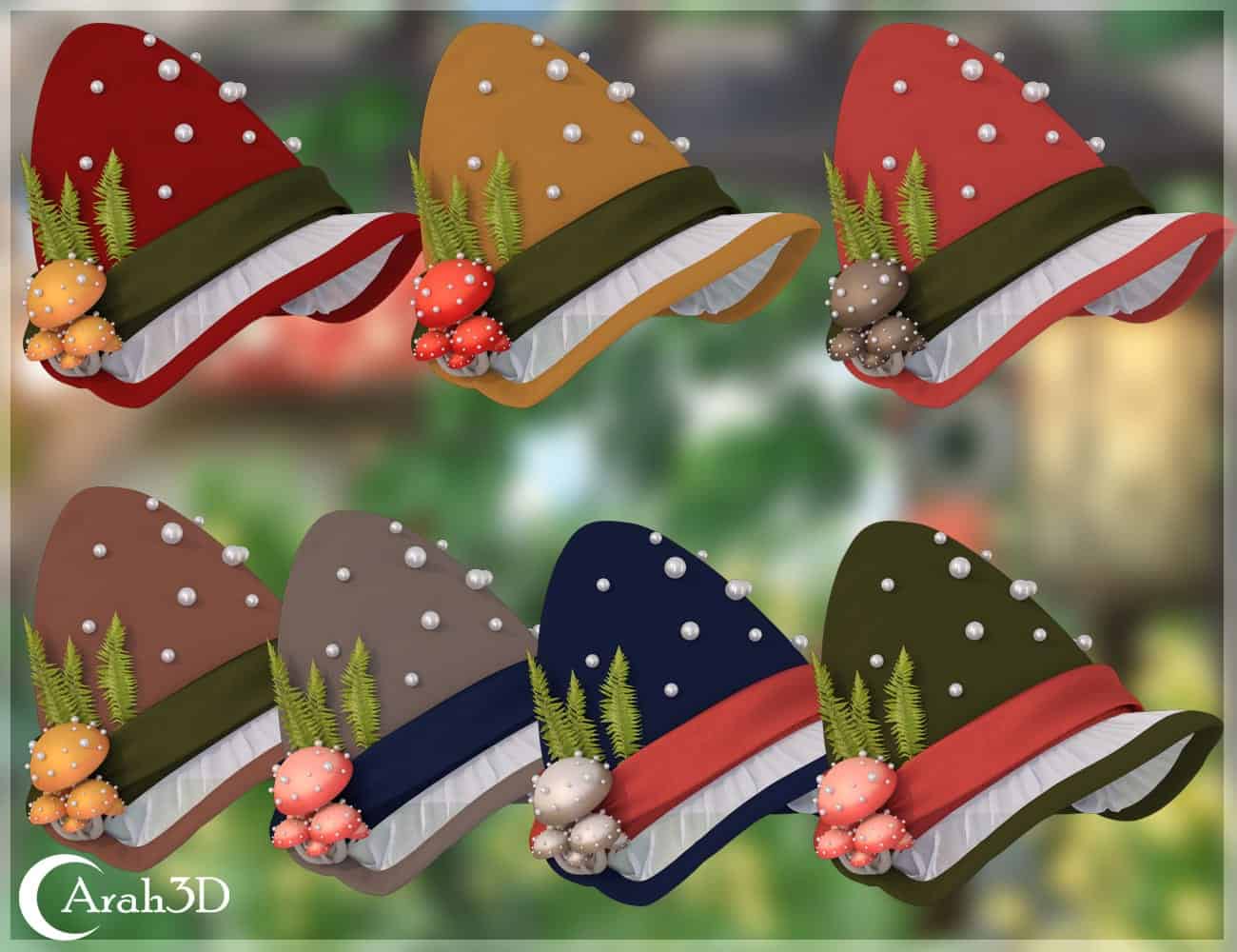 Whimsical woodland felt hats with mushrooms, fern accents, pearls, and colorful bands for fairy tale costumes.