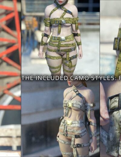 Detailed camouflage armor and outfits for realistic 3D character rendering, available in forest, urban, and jungle styles, compatible with Daz3D, enhances 3D art projects.