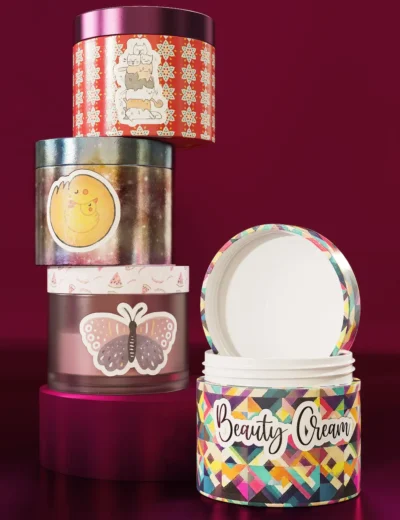 Four skincare jars with different designs.