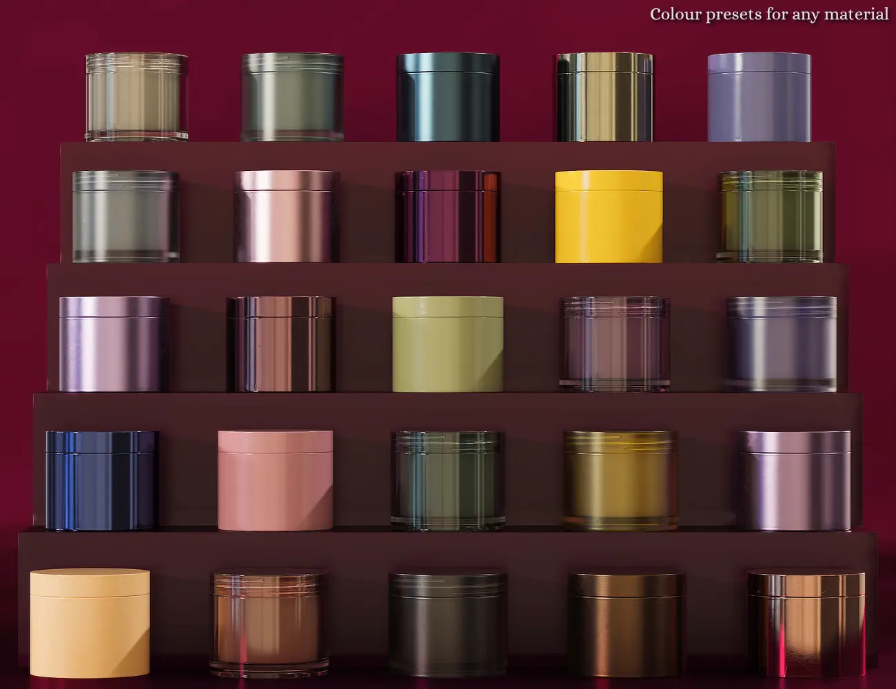 25 skincare jars in different materials and colours.