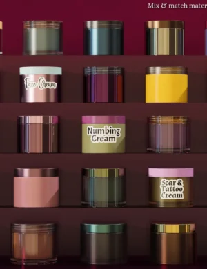 25 skincare jars in different materials and colours.