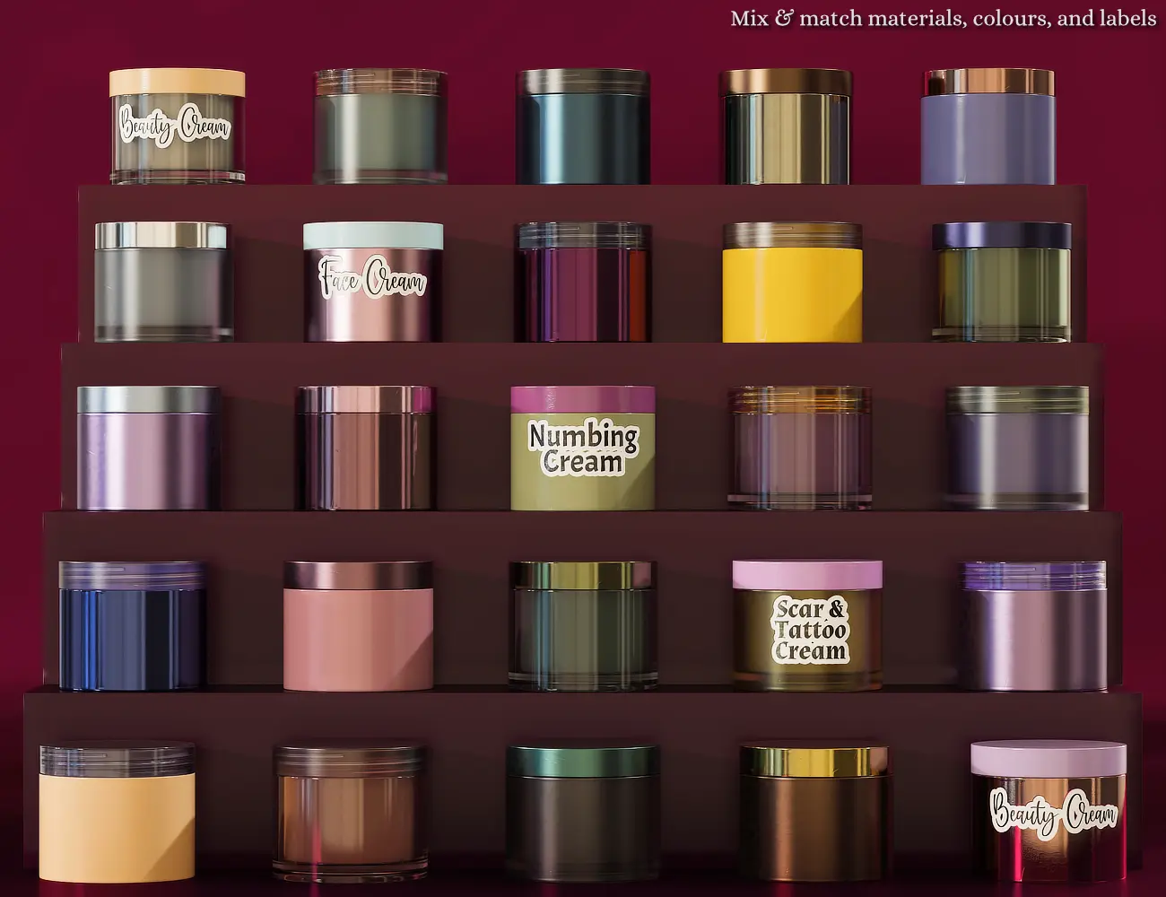 25 skincare jars in different materials and colours.