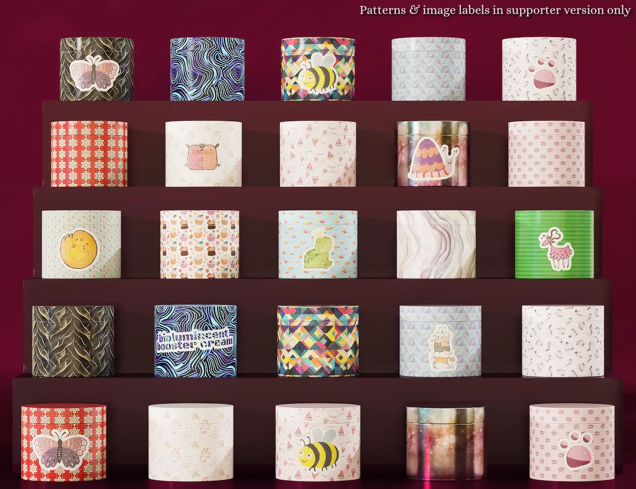 25 skincare jars in different materials and colours.