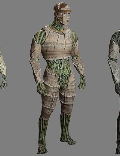 Four biomechanical plant-human hybrids illustrating growth, decay, and transformation in varied textures and colors.