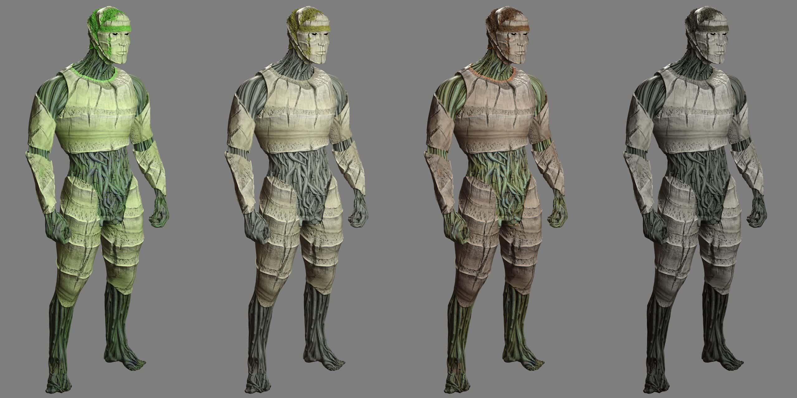 Four biomechanical plant-human hybrids illustrating growth, decay, and transformation in varied textures and colors.